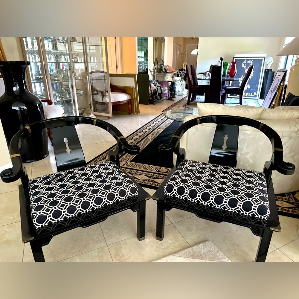 Vintage SET  Black Lacquered Chinoiserie Chairs - James Mont Style